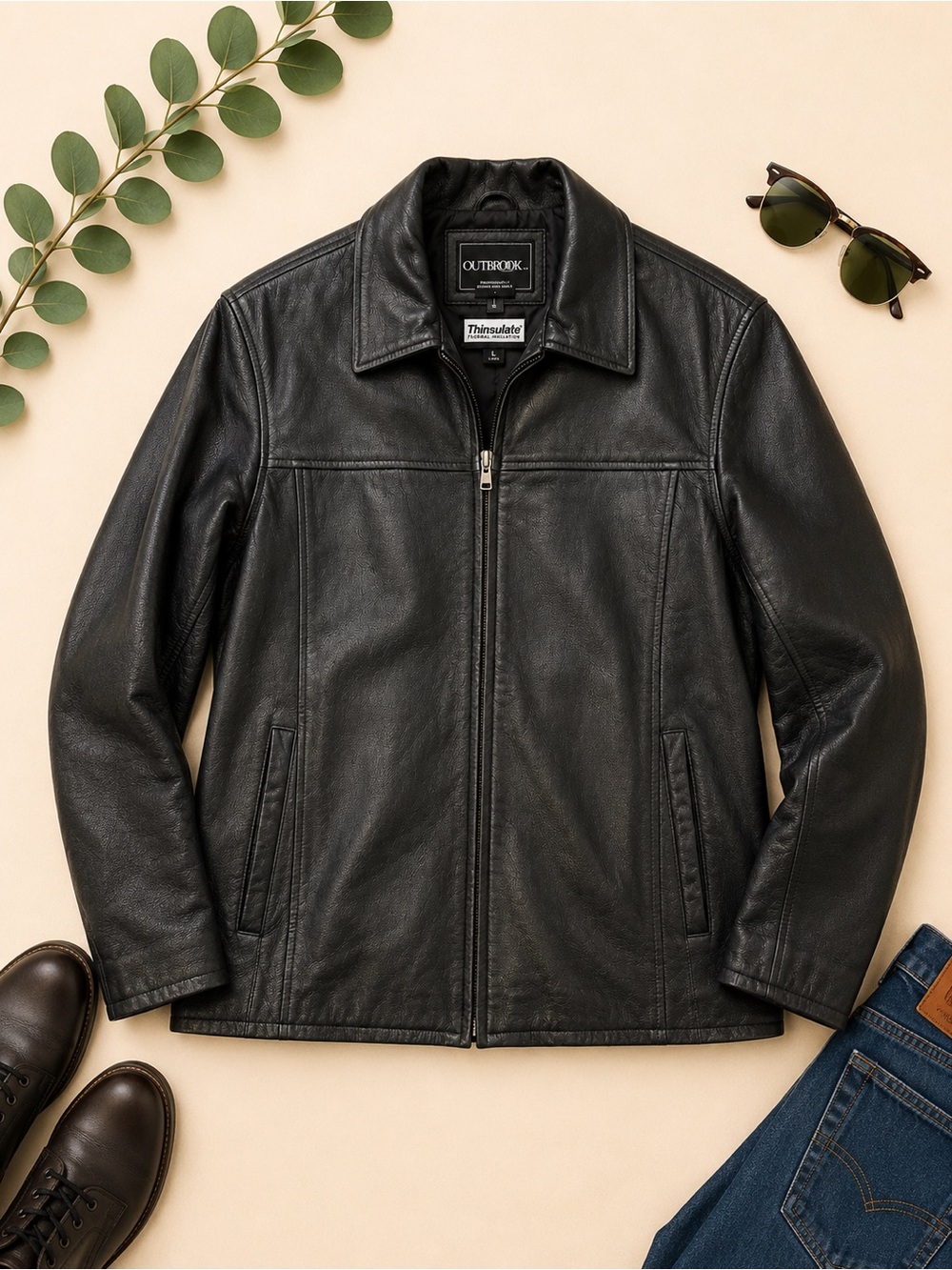 Outbrook Black Genuine Leather Jacket Women’s Large Y2K Zip Front